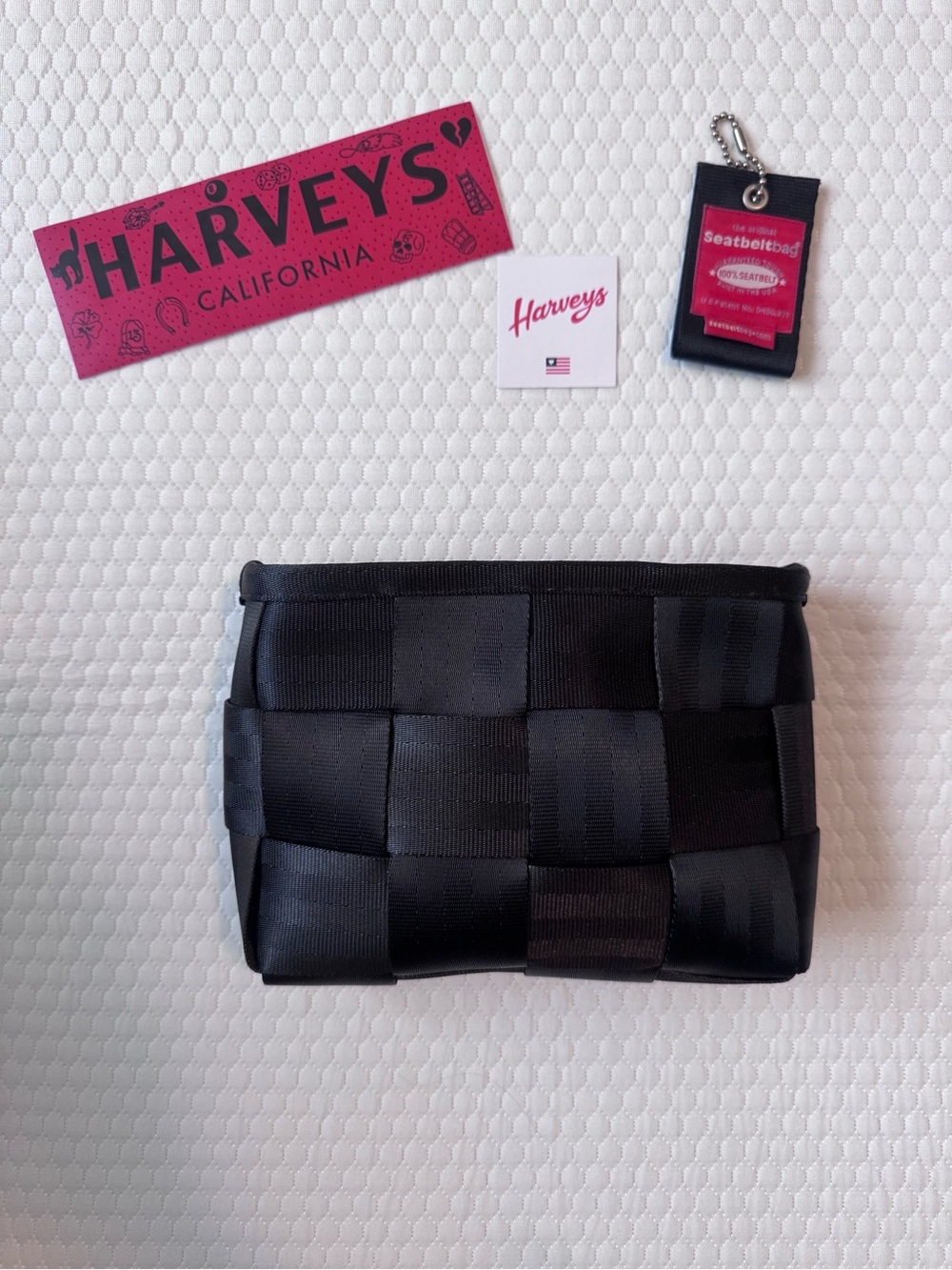Harveys Black Woven Seatbelt Toiletry Pouch with hangtag and sticker